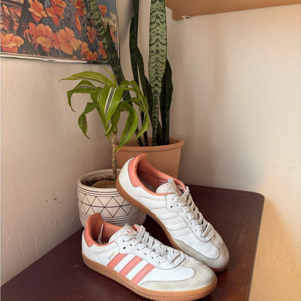 adidas Samba White with Coral/Pale Pink Stripes and Gum Sole - Picture 8 of 9
